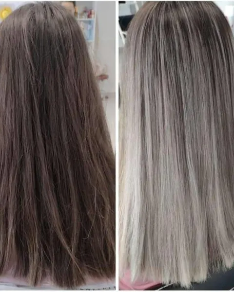 Before and after: dark brown hair lifted to a cool, ash blonde